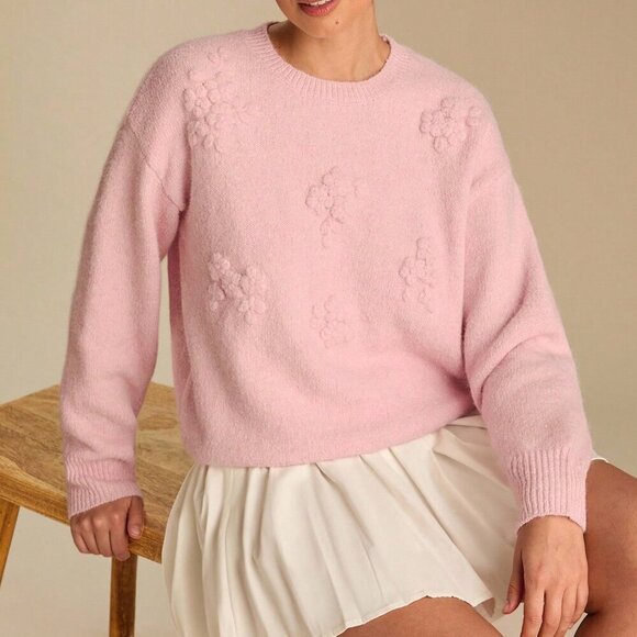 Pink Romantic Women's Pastel 3D Flowers Embroidered Long Sleeve Cute Sweater - Picture 3 of 8